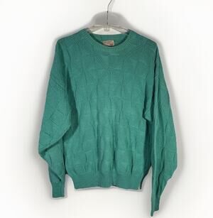 Vintage The Fox Collection Mens L Green Cotton Knit Sweater 80s Preppy Pullover